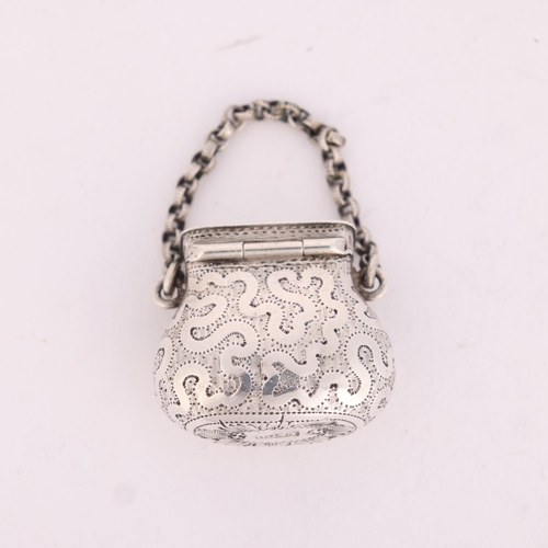 39 - A George III novelty silver 'Bag' vinaigrette, Ledsam & Vale, Birmingham 1820, bright-cut engraved d... 