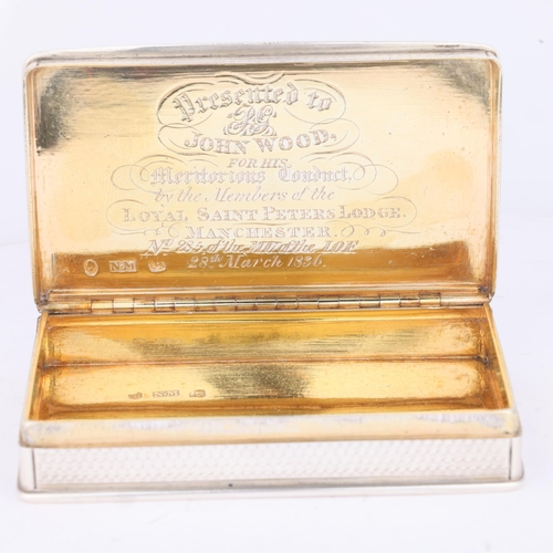 42 - NATHANIEL MILLS - a William IV silver snuff box, Birmingham 1835, rectangular form with raised edges... 