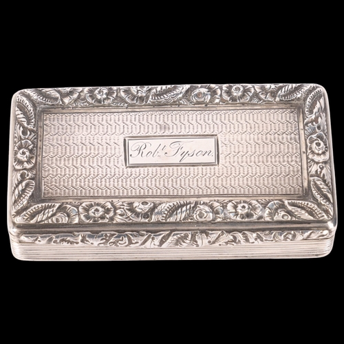 52 - A George III silver snuff box, Edward Smith, Birmingham 1828, rectangular form with relief cast flor... 