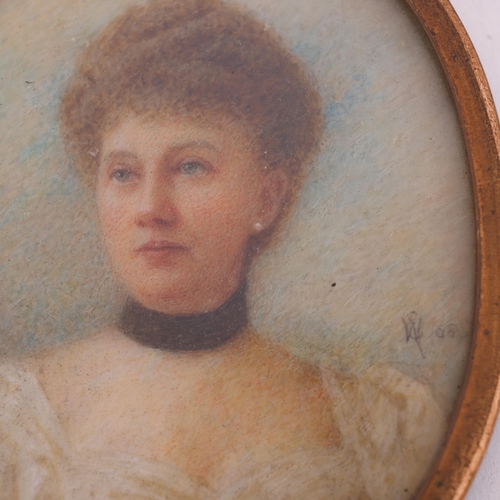 13A - Edwardian miniature portrait of a lady, watercolour on ivory, signed with monogram dated 08, gold pl... 