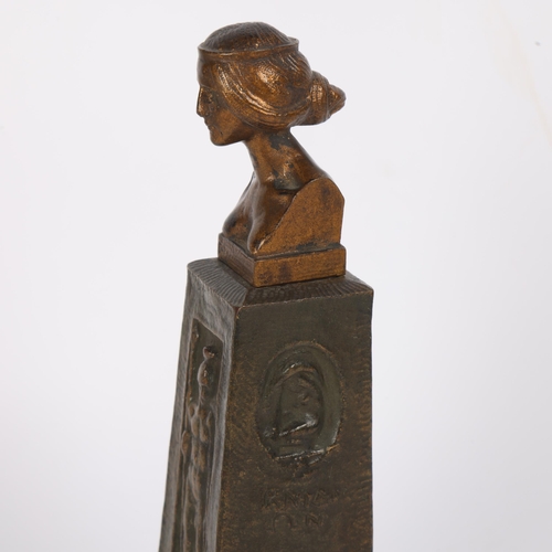 17 - Gustav Gurschner (1873 - 1970), bronze desk seal modelled as bust of Knidion, the seal held in a ped... 