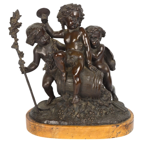 256 - 19th century patinated bronze sculpture of 3 cherubs cavorting over a barrel, unsigned on Carrera ma... 