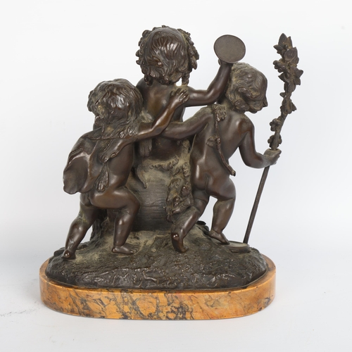 256 - 19th century patinated bronze sculpture of 3 cherubs cavorting over a barrel, unsigned on Carrera ma... 