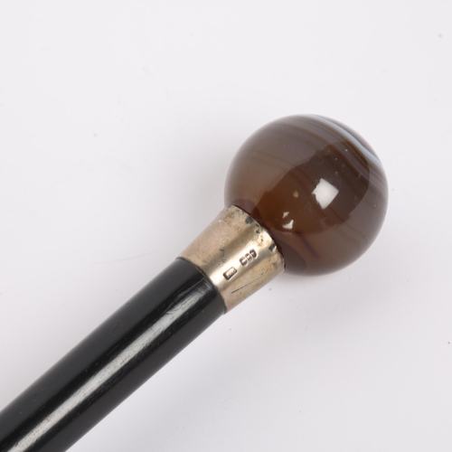 27 - A Victorian agate ball-handled walking cane, with silver collar, hallmarks London 1881, length 91cm