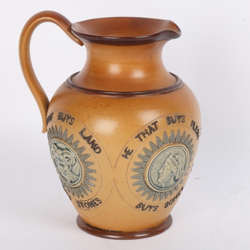 31 - A Victorian Doulton Lambeth, stoneware motto jug, dated 1884, various makers marks including Annie H... 