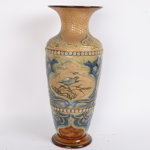 32 - Elizabeth Barlow for Doulton Lambeth, large Victorian stoneware vase with bird decorated panels, hei... 