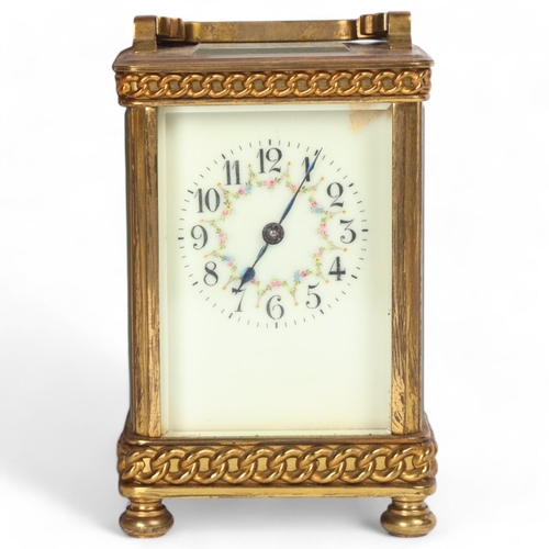 35 - 19th century French 8-day carriage clock, with floral porcelain dial and curb link frieze, case heig... 