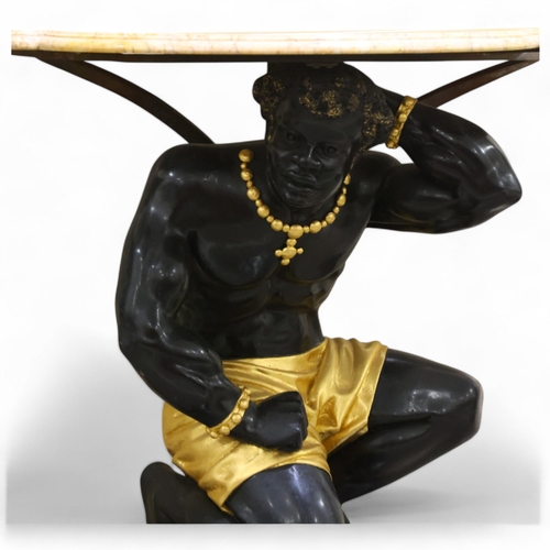 4 - An impressive pair of Blackamoor console tables, shaped and moulded coloured marble tops, supported ... 