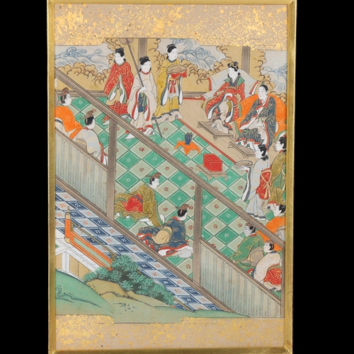 86 - A Chinese watercolour with gilding, depicting a court scene, modern frame and mount, overall frame d... 