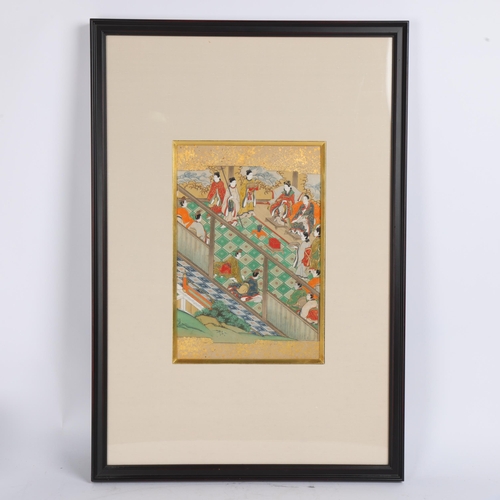 86 - A Chinese watercolour with gilding, depicting a court scene, modern frame and mount, overall frame d... 