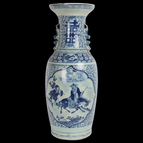 88 - A Chinese blue and white porcelain vase, decorated with figures and a horse, height 61cm, A/F