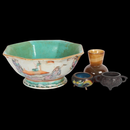 92 - A group of Chinese items, including octagonal porcelain bowl, diameter 15.5cm, A/F, a miniature turn... 