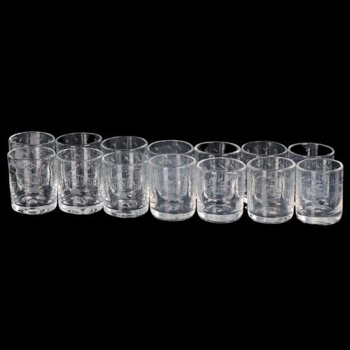 93 - A set of 14 x 19th century Swedish shot glasses, engraved with swags and pendants, each with snapped... 