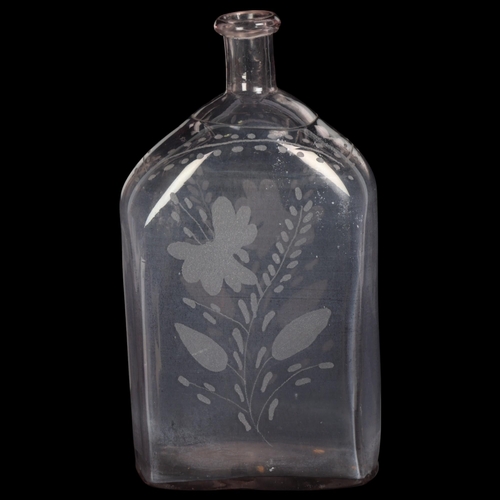 97 - An 18th/19th century Swedish box decanter/bottle, purple tinged glass engraved with flower and folia... 