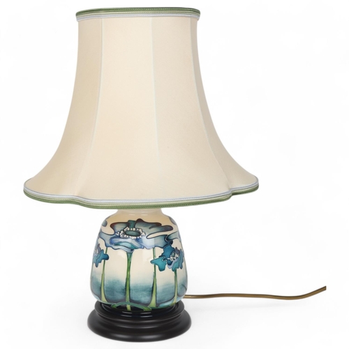 264 - Moorcroft Blue Heaven pattern table lamp and shade, on wood base, height including shade 41cm