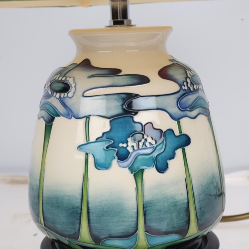 264 - Moorcroft Blue Heaven pattern table lamp and shade, on wood base, height including shade 41cm