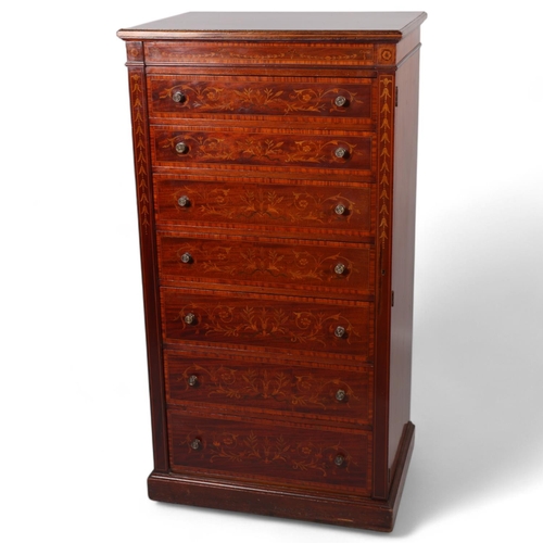 36 - A fine quality Edwardian marquetry inlaid mahogany Wellington chest of 7 drawers, by James Shoolbred... 