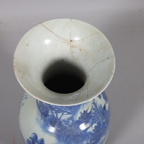 56 - A Chinese blue and white porcelain vase, with painted lake scenes, height 60cm, A/F