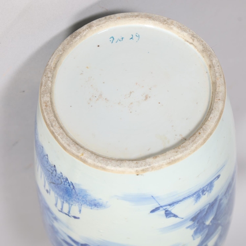 56 - A Chinese blue and white porcelain vase, with painted lake scenes, height 60cm, A/F