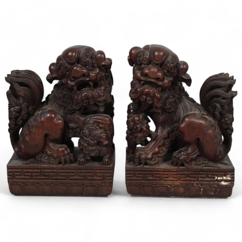 59 - **Withdrawn** A pair of Chinese 20th century carved hardwood dogs of fo, height 37cm, base length 26... 