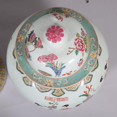 63 - A large pair of Chinese porcelain jars and covers, with enamel figures and text, height 61cm