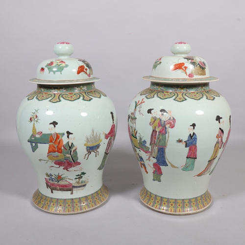 63 - A large pair of Chinese porcelain jars and covers, with enamel figures and text, height 61cm