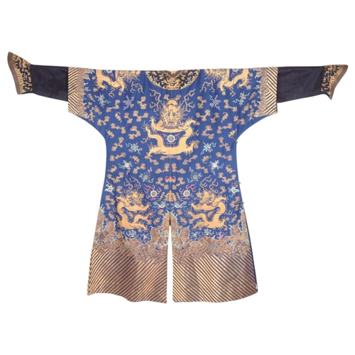 39 - A fine quality 19th century Chinese court robe, dark blue silk ground with gold thread hand embroide... 