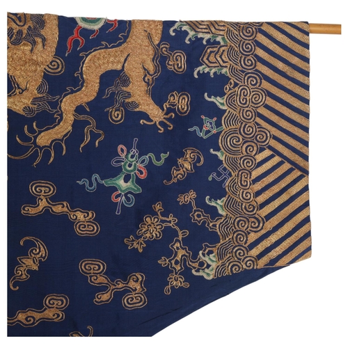 39 - A fine quality 19th century Chinese court robe, dark blue silk ground with gold thread hand embroide... 