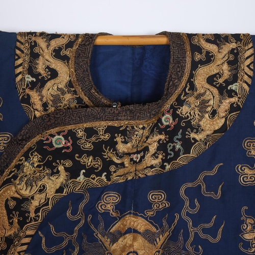 39 - A fine quality 19th century Chinese court robe, dark blue silk ground with gold thread hand embroide... 