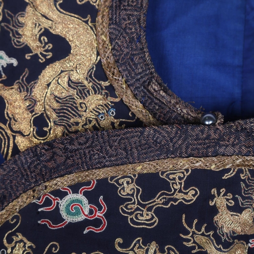 39 - A fine quality 19th century Chinese court robe, dark blue silk ground with gold thread hand embroide... 