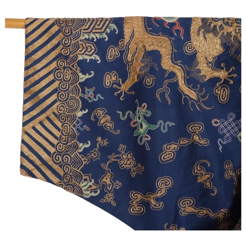 39 - A fine quality 19th century Chinese court robe, dark blue silk ground with gold thread hand embroide... 