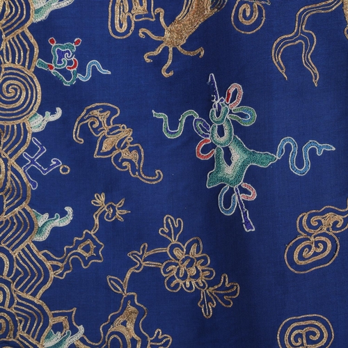 39 - A fine quality 19th century Chinese court robe, dark blue silk ground with gold thread hand embroide... 