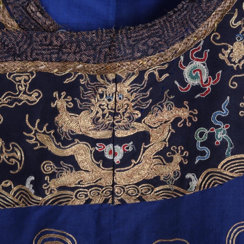 39 - A fine quality 19th century Chinese court robe, dark blue silk ground with gold thread hand embroide... 