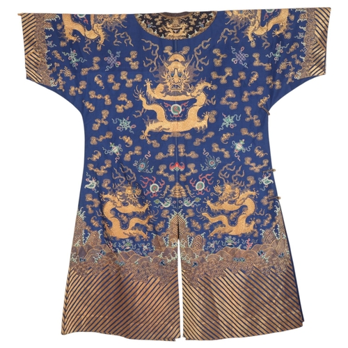 39 - A fine quality 19th century Chinese court robe, dark blue silk ground with gold thread hand embroide... 