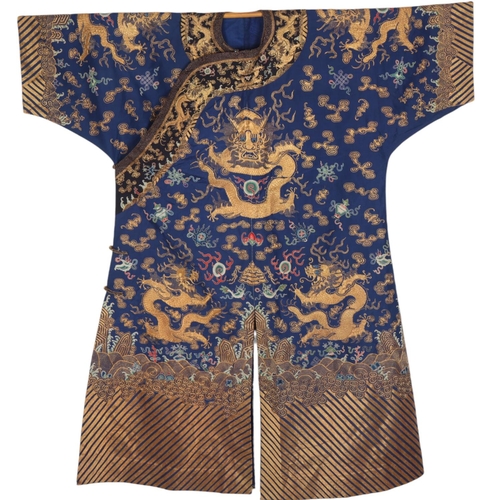 39 - A fine quality 19th century Chinese court robe, dark blue silk ground with gold thread hand embroide... 