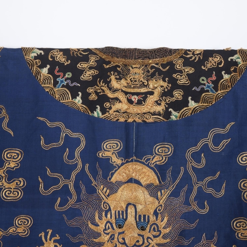 39 - A fine quality 19th century Chinese court robe, dark blue silk ground with gold thread hand embroide... 