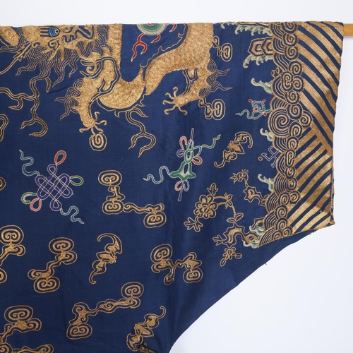 39 - A fine quality 19th century Chinese court robe, dark blue silk ground with gold thread hand embroide... 