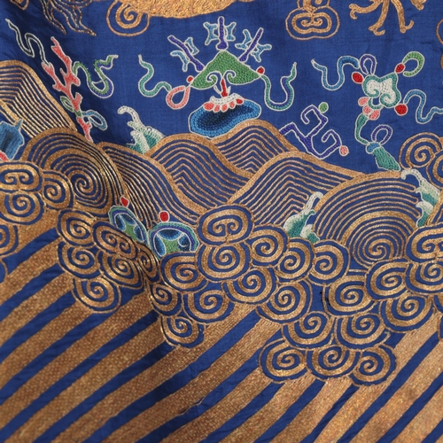 39 - A fine quality 19th century Chinese court robe, dark blue silk ground with gold thread hand embroide... 