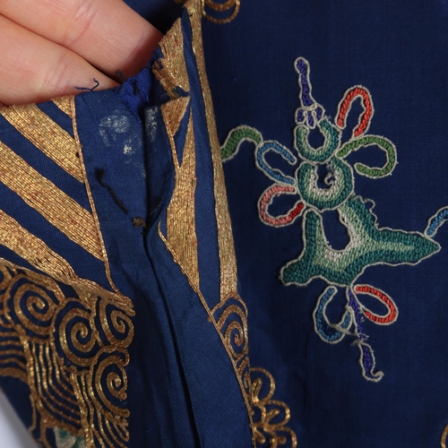 39 - A fine quality 19th century Chinese court robe, dark blue silk ground with gold thread hand embroide... 