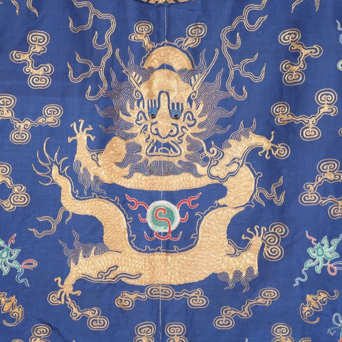 39 - A fine quality 19th century Chinese court robe, dark blue silk ground with gold thread hand embroide... 