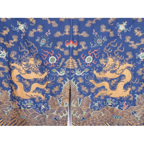 39 - A fine quality 19th century Chinese court robe, dark blue silk ground with gold thread hand embroide... 