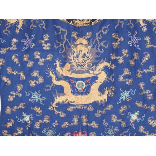 39 - A fine quality 19th century Chinese court robe, dark blue silk ground with gold thread hand embroide... 