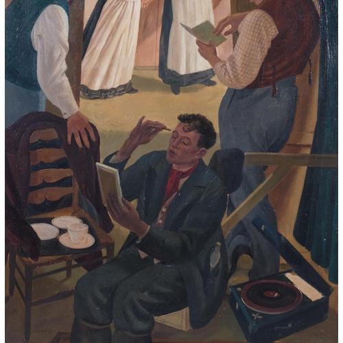 402 - Robert Baker (1909 - 1992), oil on panel, students preparing for theatrical performance, early 1930s... 