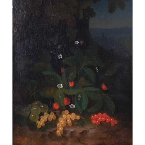 404 - George E Forster (1817 - 1896), still life strawberries and berries, oil on panel, unsigned but date... 