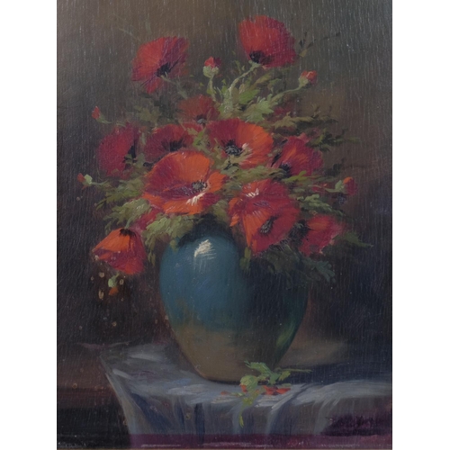 411 - Early mid-20th century still life poppies in blue vase, oil on board, indistinctly signed, 40cm x 28... 