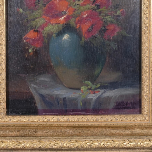 411 - Early mid-20th century still life poppies in blue vase, oil on board, indistinctly signed, 40cm x 28... 