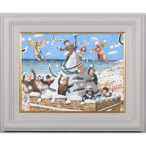 412 - Richard Adams (born 1960), chalk/pastel, Christmas card design of snowball fight at Rye church, sign... 