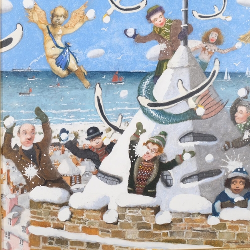 412 - Richard Adams (born 1960), chalk/pastel, Christmas card design of snowball fight at Rye church, sign... 