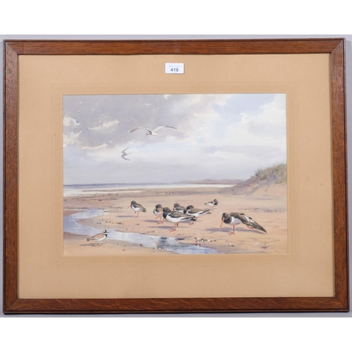 419 - John Cyril Harrison (1898 - 1985), oyster catchers on the shoreline, watercolour/gouache, signed, 46... 