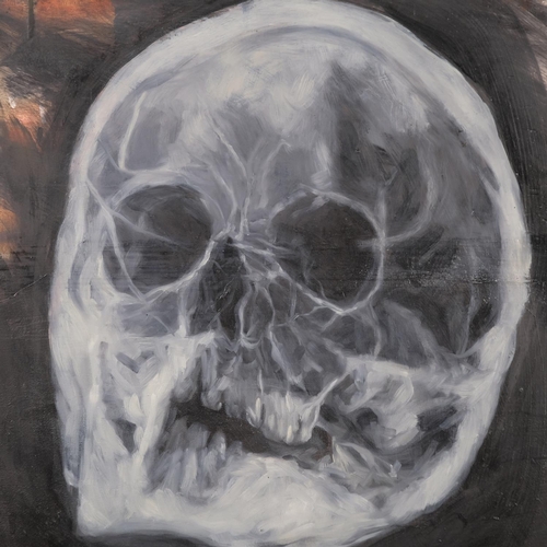 425 - Robert Sample, contemporary painting of skull x-ray, mixed media plaster and oil on board, signed, 4... 